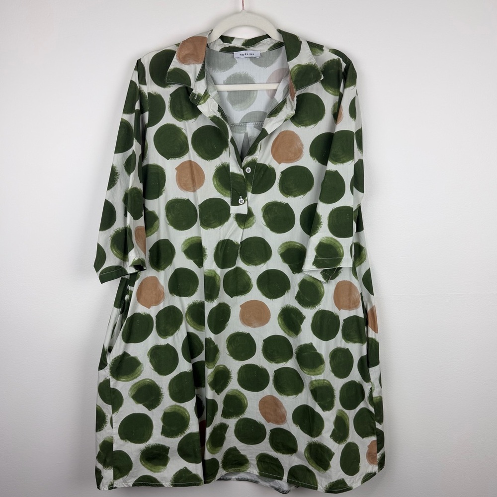 Polka Dot Mini Shirt Dress in Green and Tan - Unknown Brand